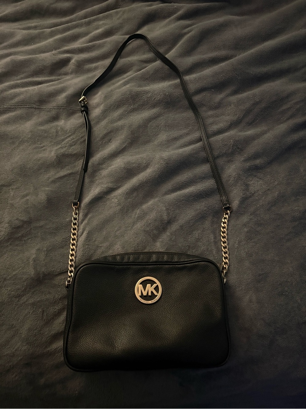 Michael Kors Black Pebbled Leather Crossbody with Gold MK Emblem